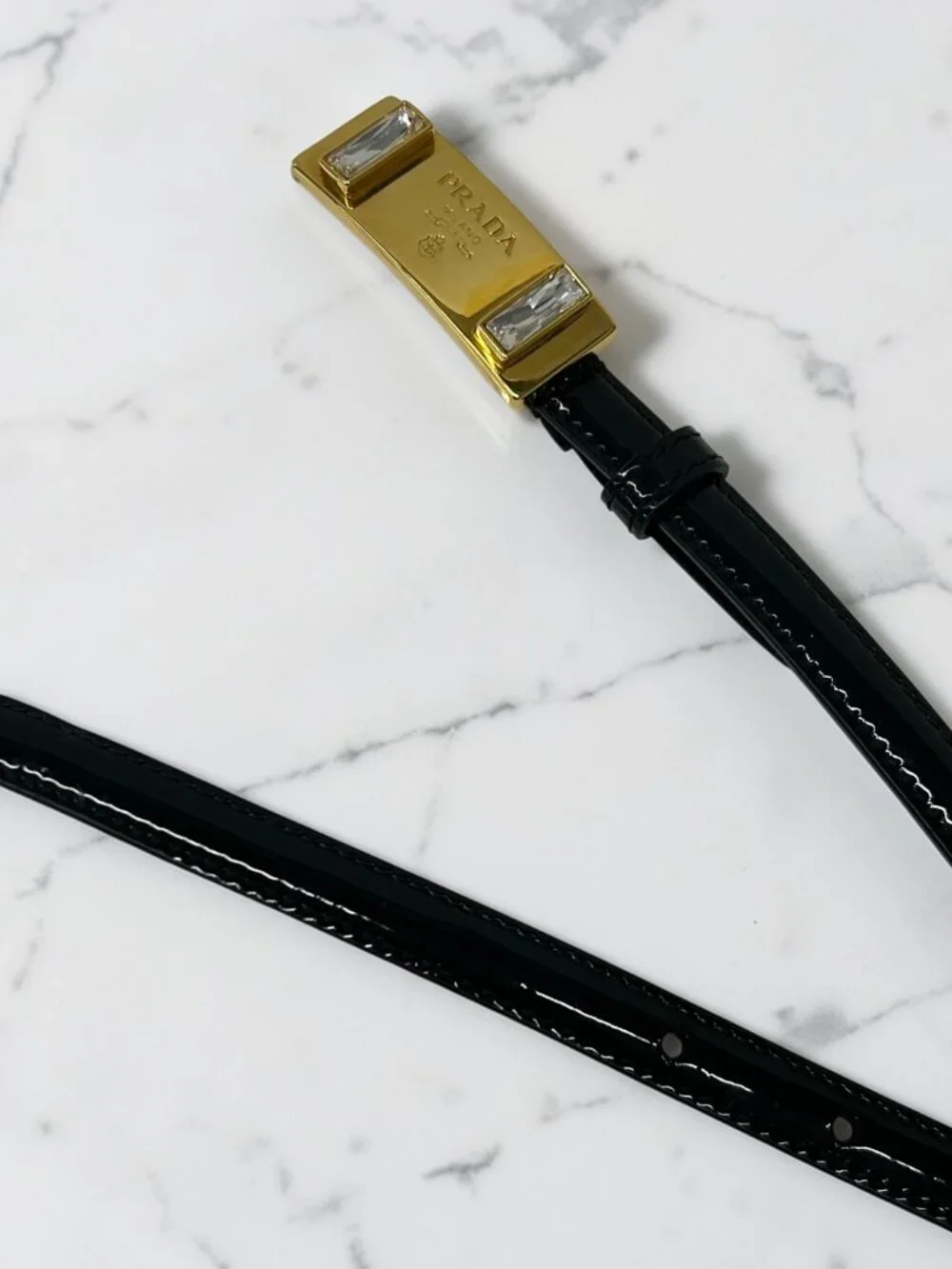 Prada Black Patent Leather Belt with Crystal-Embellished Gold Buckle